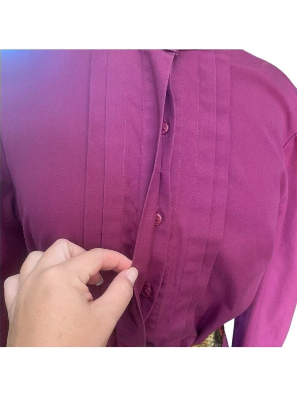 ❤️Vintage 90’s Sasson high neck puff sleeved plum button up midi dress sz 14/15 - Picture 3 of 10
